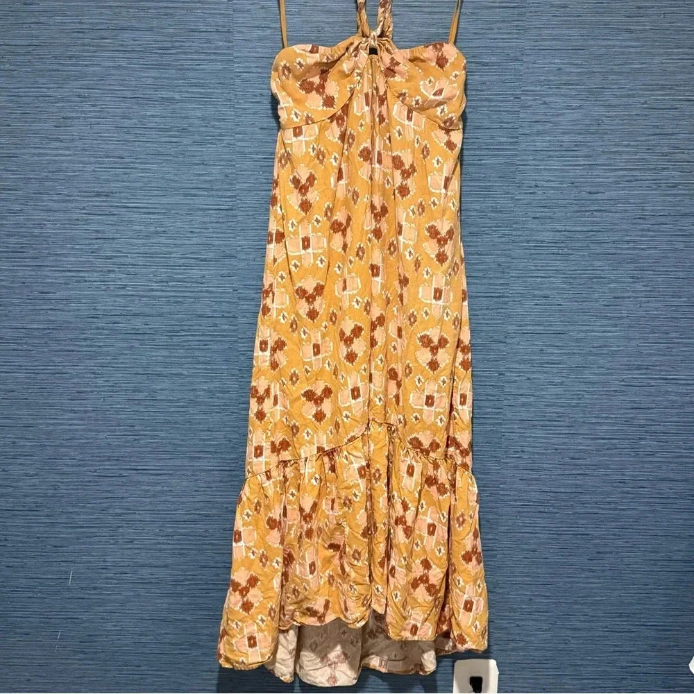 Aerie Linen Blend Halter Midi Dress Mustard Yellow Ikat Geometric Print Large
